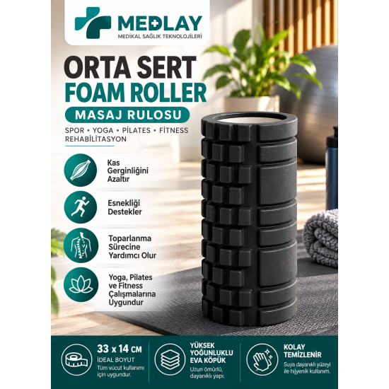 Foam Roller 33Cm Siyah Renk - Masaj Rulosu