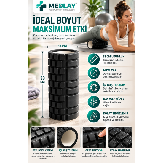Foam Roller 33Cm Siyah Renk - Masaj Rulosu