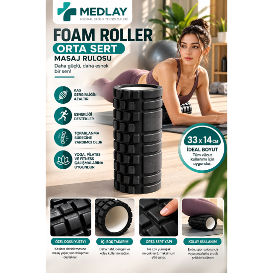 Foam Roller 33Cm Siyah Renk - Masaj Rulosu